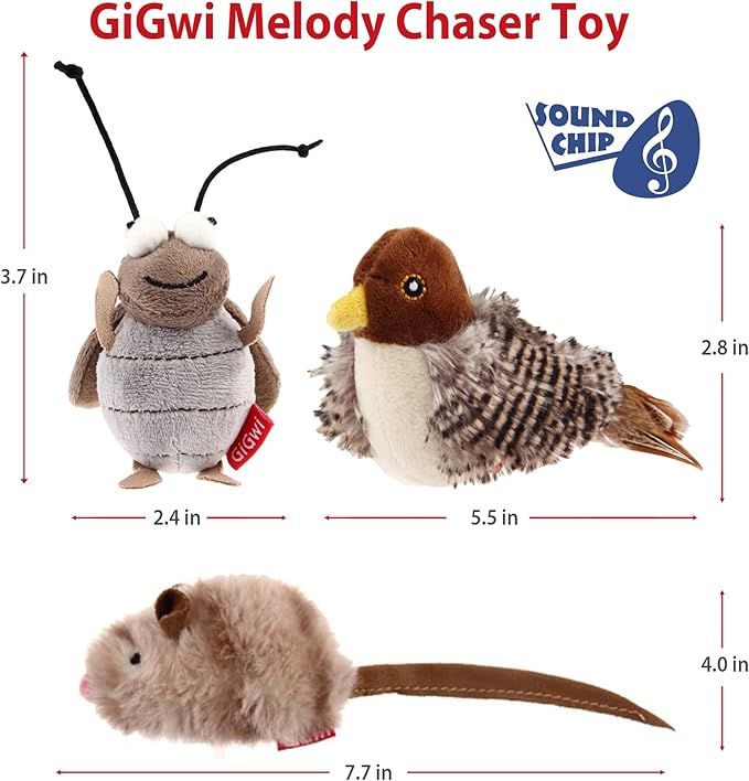 Gigwi Interactive Toy Set for Indoor Cats - 3PCS Plush Pack Including Squeaky Feather, Mouse Hunt, Chase Bird, and Chirping Cricket Toys