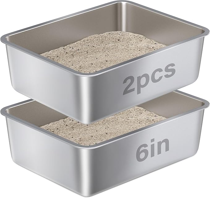 Stainless Steel Litter Box -Metal Cat Litter Box,Cat LitterBox 6" High Sided for Kitty/Kitten/Rabbit/Puppy (2 Pack),Metal Tray/Catlitter Pan Odor-Proof & Non-Stick Easy Clean.