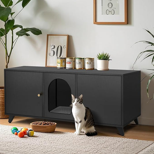 Cat Litter Box Enclosure for 2 Cats, Modern Hidden Litter Box Furniture with Double Room, Large Cat House Washroom Cabinet with Scratche Pad, 46.5" x 19.7" x 19.7" (Black)