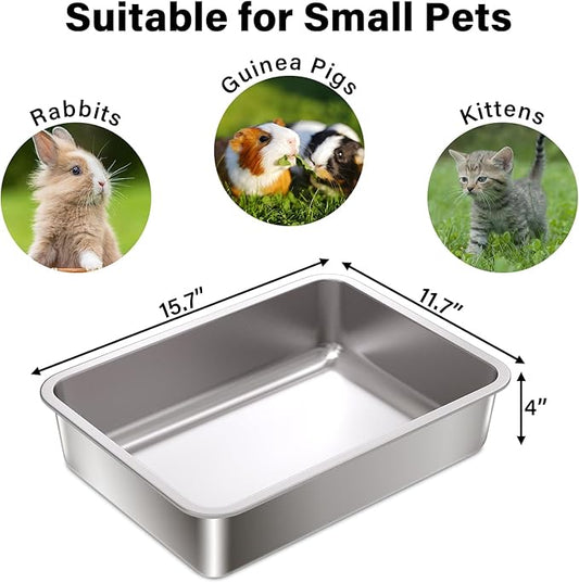 Stainless Steel Litter Box 2Pack,15.7"×11.8"×4" Small Cat Litter Box,Metal Litterbox for Kitten,Bunny,Guinea Pigs,Non Stick, No Smell, Easy to Clean