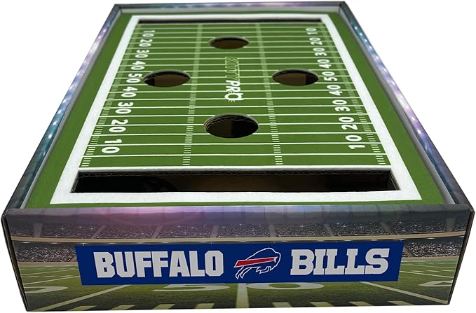 NFL Buffalo Bills Football Stadium Cat Scratcher Find & Play Cat Box. Game Day Cat Toy with 2 Cat Jingle Bell Balls. NFL Football Field Felt Cat Scratcher Play and Lounge Stimulating Cat Game