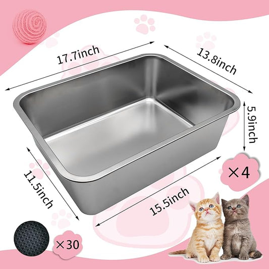 4 Pcs Large Stainless Steel Litter Box 17.7" X 13.8" X 5.9" Metal Cat Litter Box with 30 Pcs Non-Slip Gaskets Large Litter Pan for Cat Kitties No Smell Non Stick Pet Toilet Supplies