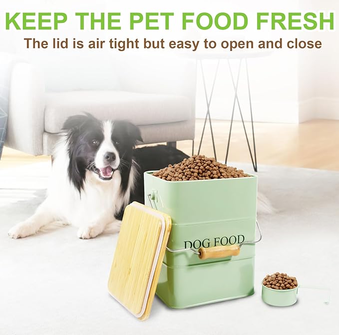 Dog Food storage container Dog Treats Jar,5~6 lb Metal food treats tin for Dog, pet snacks Canisters with wooden lid/handle/sevice scoop-Green