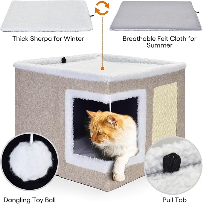 petizer Cat Bed for Indoor Cats, Large Covered Cat House with Scratch Pad, Foldable Cat Cave Bed & Hideaway Cube with Reversible Cushions, Cute Cat Condo for Multi Small Pet Kitten (Khaki)