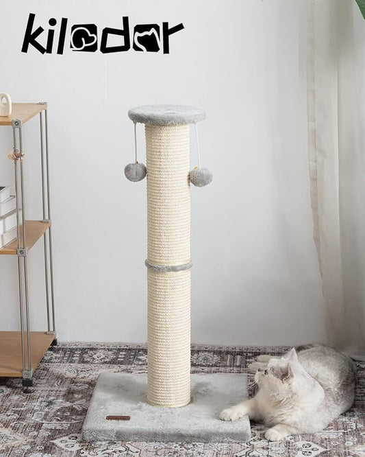 Kilodor Cat Scratching Post 34 Inches Large Sturdy Cat Post with Replaceable Sisal Scratcher and Hanging Ball Scratching Post for Indoor Cats Adult Grey