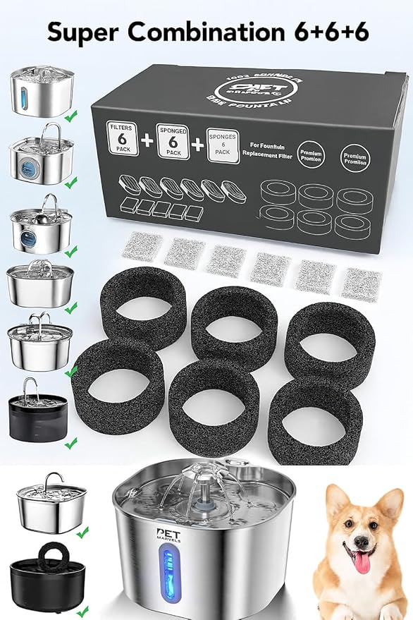 Fountain Filter Replacement Set – 18 Pack (6 Carbon Filters + 6 Pump Sponges + 6 Pre-Filters) – Compatible with Stainless Steel Cat & Dog Water Fountains – BPA-Free, Triple Filtration