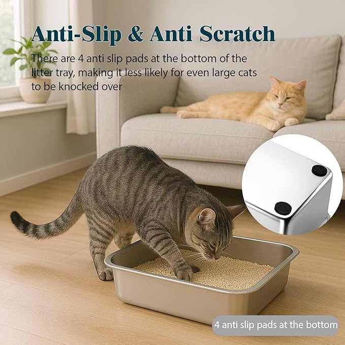 FELIO Stainless Steel Cat Litter Box - XL Metal High Sided Cat Pan, 23.6" L×15.7" W×7.9" H, Splash-Proof and Non-Stick Cats Poop Box odorless, Easy to Clean for Big Cats, Rabbit, Dog, Ferret