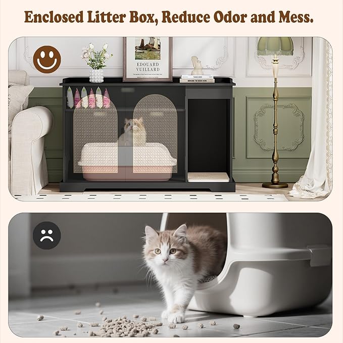 Large/Tall Cat Litter Box Enclosure, Hidden Litter Box with Convenient Entrance Large Shelf, Farmhouse Enclosed Litter Box Cabinet Rattan Cat House for Living Room Entryway (Black)