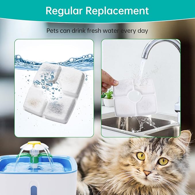 8-Pack Cat Water Fountain Filter Replacement & 8-Pack Pre-Filter Sponges for Square 84oz/2.5L Automatic Cat Fountain Dog Water Dispenser, Triple Filtration System Activated Carbon for Pet Fountain