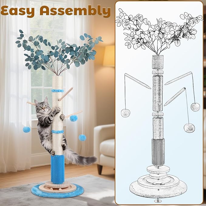 EMUST 45" Tall Cat Scratching Posts for Indoor Cats, Large Bold Ocean- Themed Cat Scratcher Post with Sturdy Solid Wood Base Self Groomer Brush for Kittens Adults Cats Protect Your Furniture