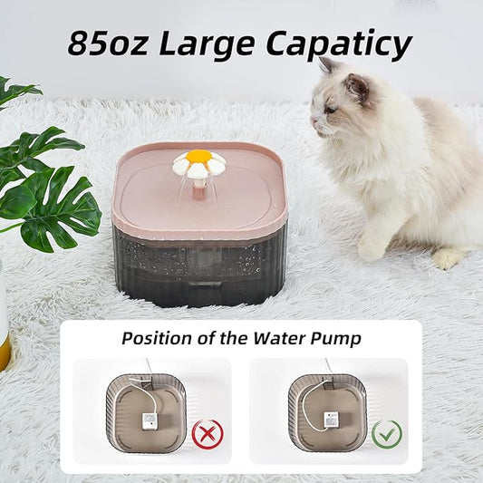 85oz/2.5L Cat Water Fountain, Ultra Quiet Pet Water Dispenser with Smart Pump and 3 Replacement Filters, Automatic Flower Fountain for Dog & Cat (Pink)
