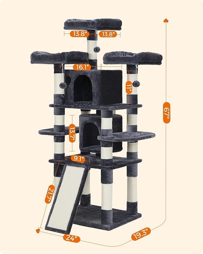 Feandrea 67 Inches Multi-Level Cat Tree for Large Cats, with Cozy Perches, Stable, Smoky Gray UPCT18G
