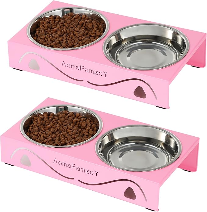 2 Pack Cat Food Bowls - Indoor Set with Metal Stand,5° Tilted Anti Vomiting Wide Raised Pet Dish, Cute Elevated Cat Feeding Station for Food Water, 4 Stainless Steel Bowls for Kitten, Puppy,Pink