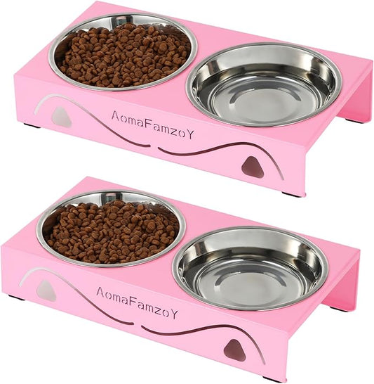 2 Pack Cat Food Bowls - Indoor Set with Metal Stand,5° Tilted Anti Vomiting Wide Raised Pet Dish, Cute Elevated Cat Feeding Station for Food Water, 4 Stainless Steel Bowls for Kitten, Puppy,Pink