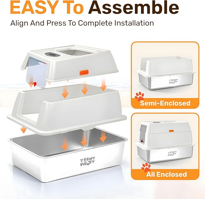 XL Stainless Steel Cat Litter Box with Enclosure and Pooper Scooper - Durable Black Metal Litter Box for Big Cats, High Sides for Anti-Leakage, Never Absorbs Odors, Non-Sticky - (60x40cm) (White)