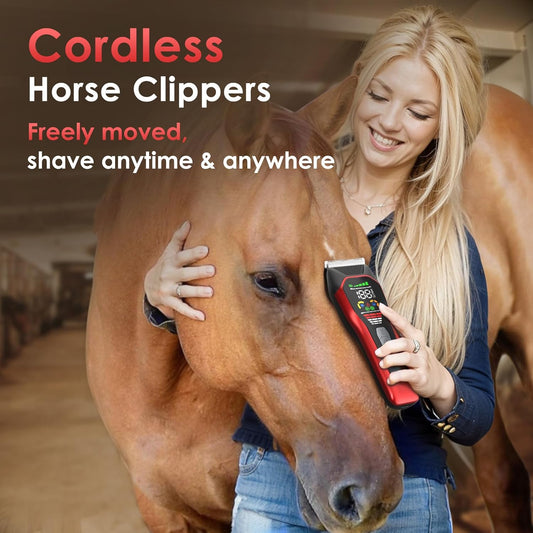 Horse Clippers,Quiet 2-Speed Horse Grooming Clippers,Rechargeable Pet Shaver with Scissors for Matted Long Hair,Cordless Wide-Blade Powerful Horse Trimmer Kit for Thick Coat #066 Red