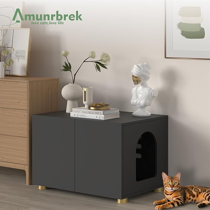 Small Litter Box Enclosure, Sleek Modern Cat Litter Box Cabinet Furniture, Wooden Cat House, End Table (Black)
