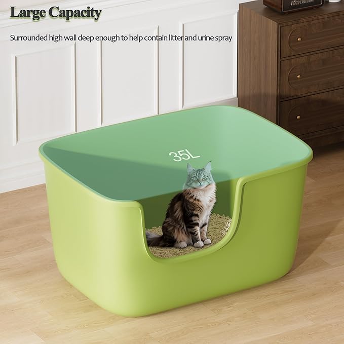 Vealind Large High Sided Cat Litter Box Extra Deep Litter Tray for Multi Cats Household, High Wall Cat Boxes Anti-Splashing Kitty Litter Box (Green)