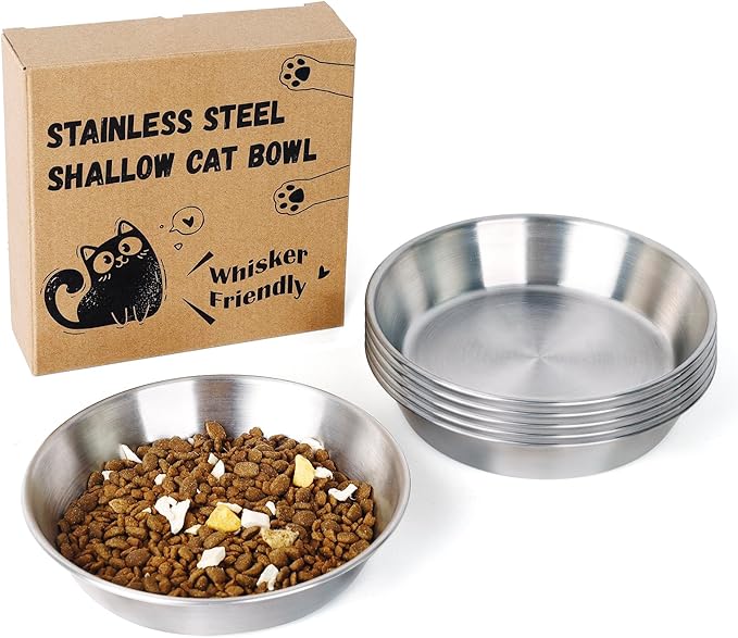 2-Pack Stainless Steel Cat Food Bowls – Deep Whisker-Friendly Non-Slip Silicone Base,Easy to Clean Indoor Feeding Dishes(5.9")