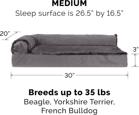 Furhaven Cooling Gel Dog Bed for Medium/Small Dogs w/ Removable Bolsters & Washable Cover, For Dogs Up to 35 lbs - Plush & Velvet L Shaped Chaise - Platinum Gray, Medium