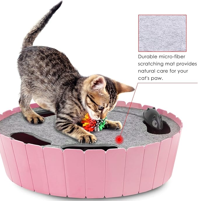 Pawaboo Interactive Toy with Running Mouse, Electronic Motion Cat Toy Automatic Teaser, Pop and Play Hide Seek Cat Toys Hunting Mouse, Pink