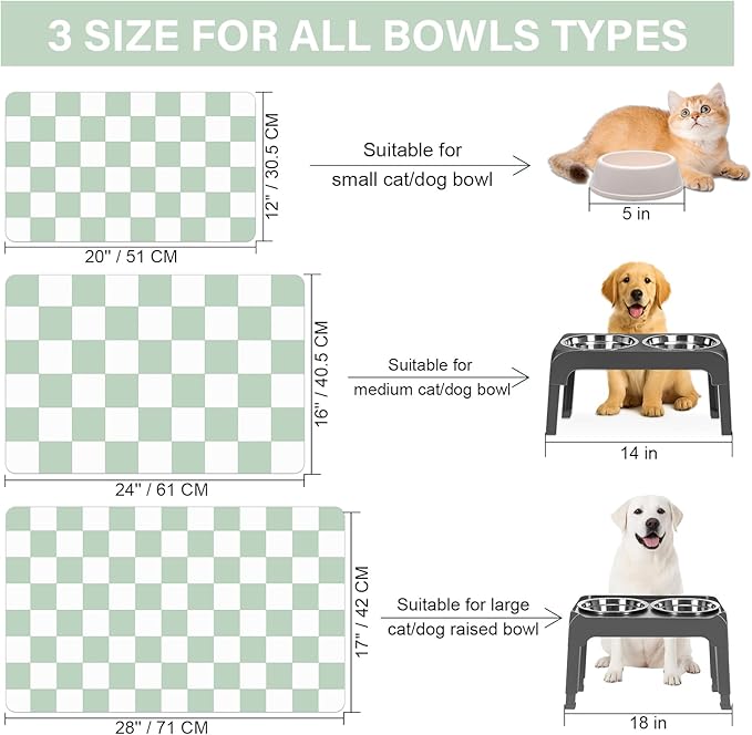 Checkered Dog Cat Feeding Mat, 17'' x 28'' Large Dog Food Mats, Absorbent Pet Feeding Mat for Food and Water Bowl, Dispenser, Checkerboard Pet Placemat with Rubber Backing, Green & White