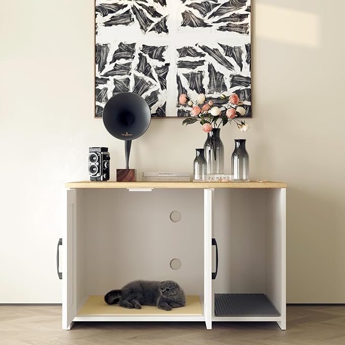 Cat Litter Box Enclosure, Hidden Litter Box Furniture with 2 Doors,Wooden Cat Washroom Indoor, Freestanding Cabinet for Living Room,Hallway,White