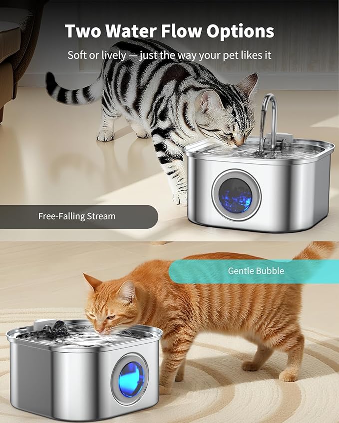 Cat Water Fountain Stainless Steel, 3.2L/108oz Cat Fountain with Large Water Level Window, Pet Water Dispenser with Quiet Pump Ideal for Cats, Dogs and Multi-pet households
