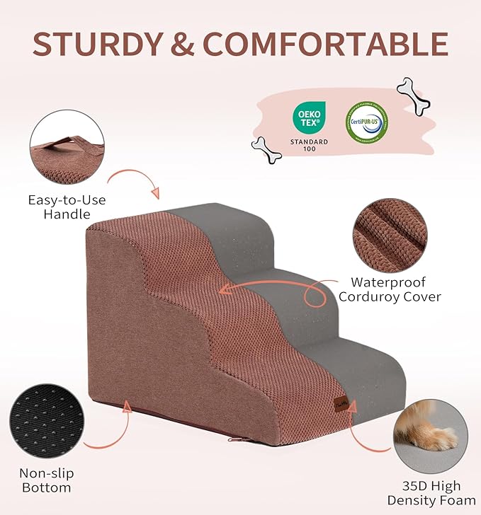 Made4Pets Dog Stairs Ramp for Bed, 4-Step Dog Steps for High Bed Couch Sofa Climbing, 35D Foam Pet Steps for Small Dogs and Cats, Non-Slip Bottom Pet Stairs, Brown