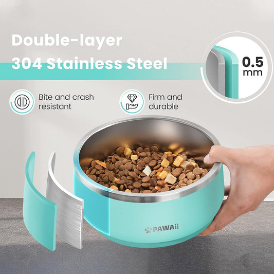 Pawaii Stainless Steel Dog Bowl with Non-Slip Rubber Base & Double Wall Insulation - Durable Design | Includes ID Tag | Dishwasher Safe Food & Water Bowl for All Dogs (68oz)