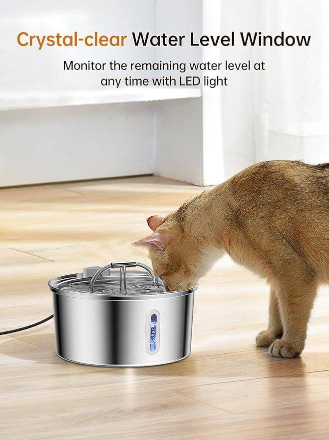 Cat Water Fountain Stainless Steel, 3.2L/108OZ Pet Water Fountain for Drinking,Automatic Metal Dog Water Fountain with 8 Filters & 8 Sponges,Quiet Pump,Dual-Stream for Cats, Dogs,Multiple Pets Indoor