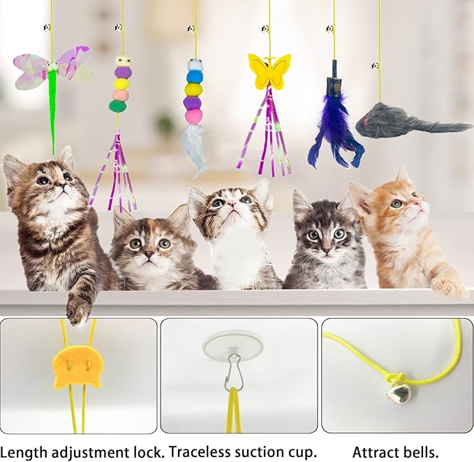 Cat Toys Indoor Hanging Door Retractable Bird Cat Toy for Kitten Fun Exercise Interactive String Feather Cat Toys for Hunting Chase (6 Pack)