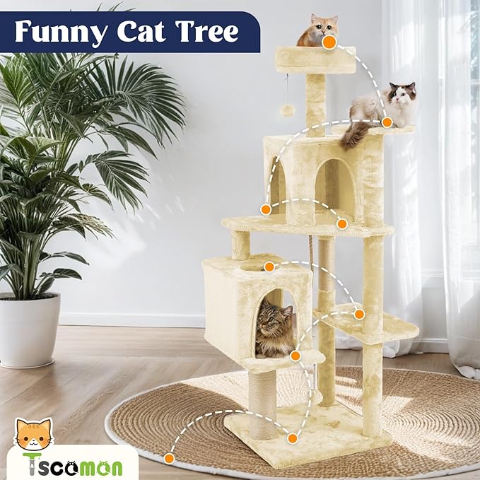 58.5inch Large Cat Tree Tower Condo for Indoor Cats, Soft Plush Multi-Level Climbing Tree Cat House, Scratching Post, More Entrance/Exit, Sisal Rope, Beige Almond