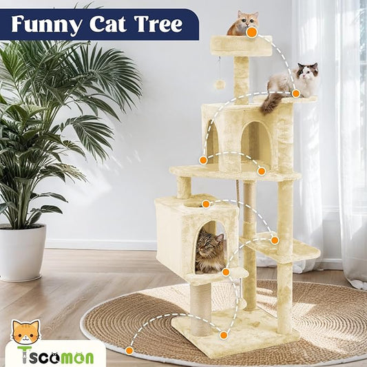 58.5inch Large Cat Tree Tower Condo for Indoor Cats, Soft Plush Multi-Level Climbing Tree Cat House, Scratching Post, More Entrance/Exit, Sisal Rope, Beige Almond