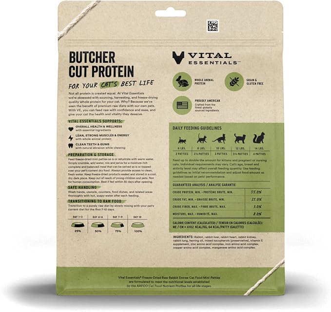 Vital Essentials Freeze Dried Raw Cat Food, Rabbit Mini Patties Entree, 8 oz