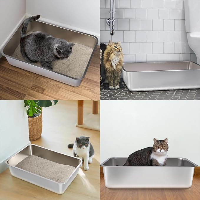 Stainless Steel Litter Box, 17.7"x13.8"x6" Large Metal Litter Box for Kitty/Cat/Rabbits, Easy to Clean, Non Stick Litterbox No Smell for Adult Cats