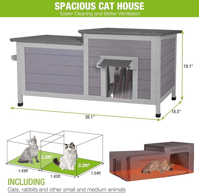 Gutinneen Heated Cat House for Outside Feral Kitty Shelter with Liner Weatherproof Insulated Outdoor Cat Shelter for Winter - Safe Escape Door and Large Space