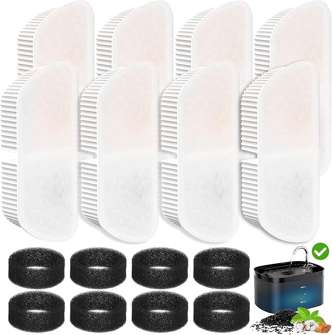 Cat Water Fountain Filters for 84oz/2.5L Petilog Pet Water Dispenser Fountain (8 Filters& 8Sponges)