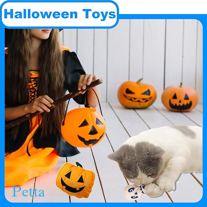 Halloween Cat Toys, Pumpkin Ghost Skeleton Catnip Toys for Cats Dogs Indoor, 3Pcs