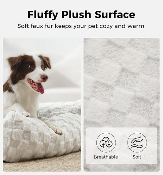Made4Pets Dog Couch Bed, Soft Faux Fur Checkered Pet Sofa, Comfortable Fluffy Dog Sofa with Supportive Foam, Removable Washable Cover with Non-Slip Base, White, Large