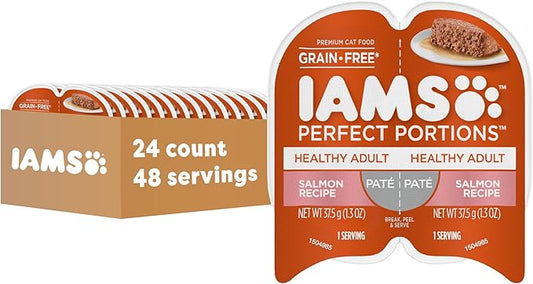 IAMS Perfect Portions Healthy Adult Grain Free Wet Cat Food Pate, Salmon Recipe, 2.6 oz. Easy Peel Twin-Pack Trays (24 Count, 48 Servings)