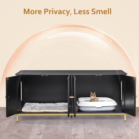 Homhedy Cat Litter Box Enclosure for 2 Cats, Cat Washroom Furniture with Double Room, Pet House with Metal Frame, 47.2”L x 17.7”W x 21.7”H, Black and Gold