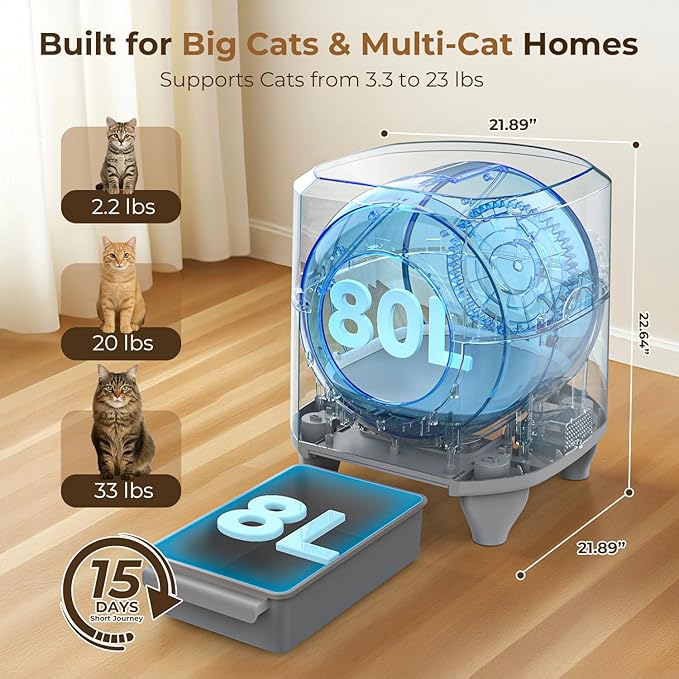 Self Cleaning Litter Box, Large Capacity Automatic Cat Litter Box with APP Control, Safety Sensors, Built-in Deodorizing Scent Box, and 1 Roll Garbage Bags ，White