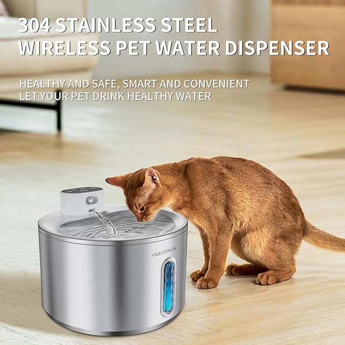Wireless Cat Water Fountain Stainless Steel, 135oz/4L Cat Fountain, Battery Operated, Cordless Pet Water Fountain for Cats & Dogs with Motion Sensor, Ultra Quiet Pump, 12 Filters (SS, 4L)