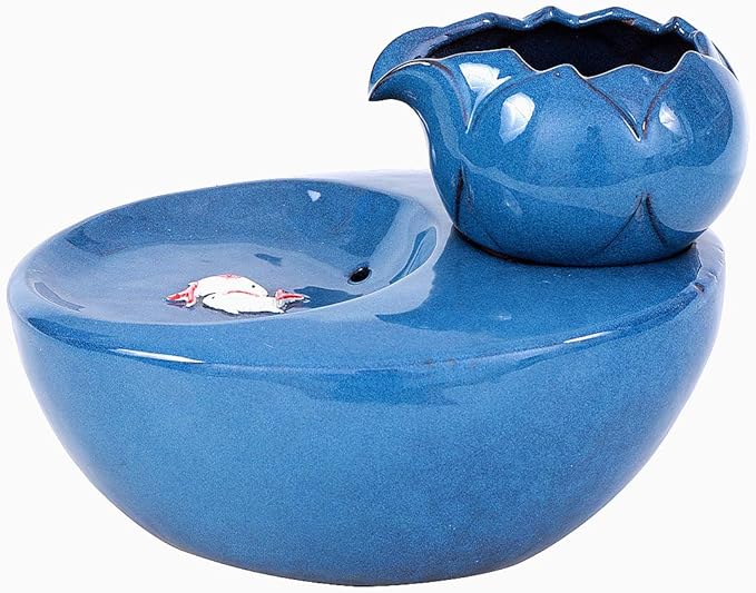 Ceramic Cat Drinking Water Fountain, 1.3 Liters Pet Water Fountains for Cats and Dogs, Electric Pet Water Dispenser with Quiet Pump and 5 Replacement Filters - Blue Lotus Style