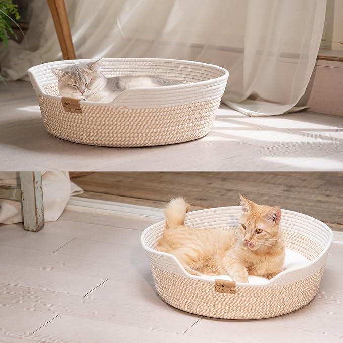 Cat Bed Basket with Cushion, Cute Pet Bed for Indoor Cats Couch, Kitten Bed for Medium and Large Cat, All Season Universal (White)