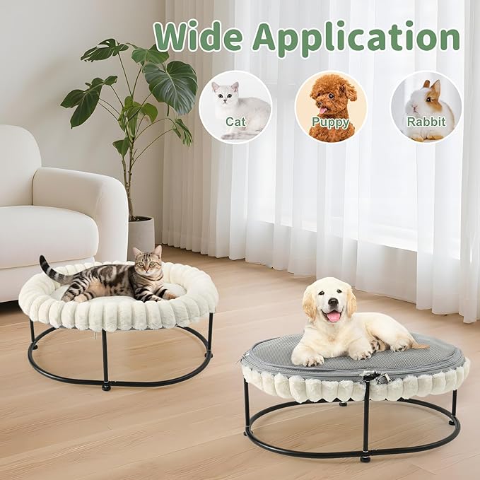 Sunhoo Elevated Cat Bed for Indoor Cats Raised Kitten Hammock Large High Puppy Cot Off Floor Self-Supporting Small Pet Chair with Metal Frame Washable Cushion Easy Assembly 23 * 17 * 8.3 in (White)