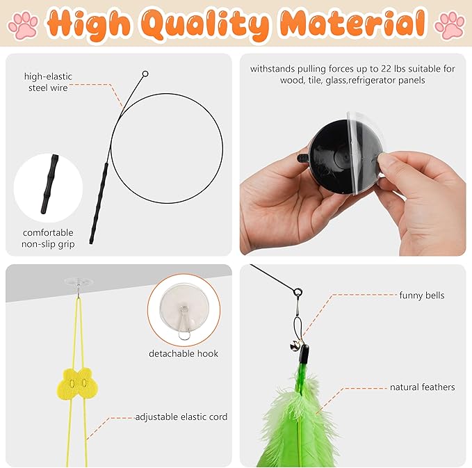 4-in-1 Interactive Cat Toys for Indoor Cat Feather Toys Suction Cup Cat Toys Simulation Feather Flying Bird Toy Replacements Cat Wand Toy for Kitten
