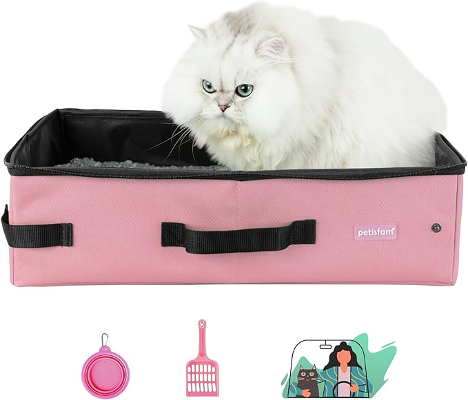 Portable Cat Travel Litter Box with Zipped Lid to Keep Odor and Litter Contained. Lightweight to Carry to Anywhere. Easy to Clean (Pink, Large)