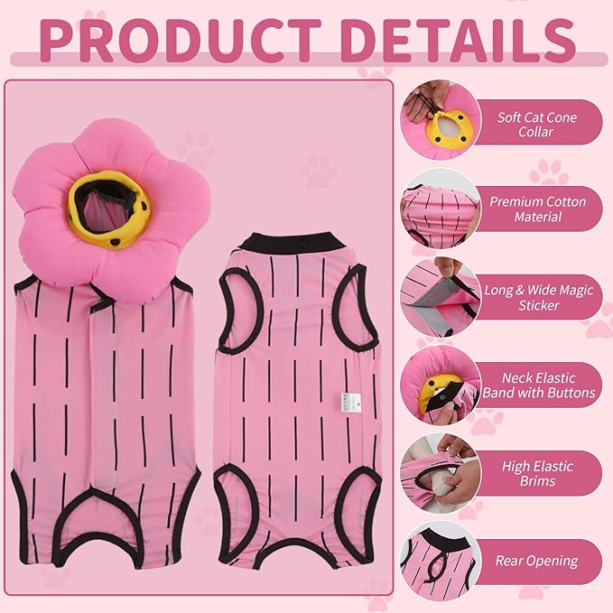 EMUST Cute Cat Recovery Suit & Cone Collar Set - Soft, Adjustable Flower Collar for Female Kittens Under 4lb (Pink, S)